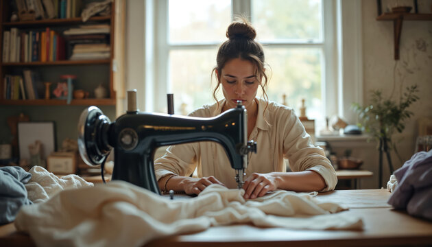 Young woman sews fabric on vintage sewing machine. Concentrates on handiwork in light-filled home studio. Seamstress creates fashion items, clothes, custom garments. Female artisan crafts textile - Powered by Adobe
