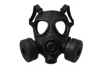 Black gas mask protecting against pollution, chemical warfare, or biological threats, offering survival and safety on transparent background