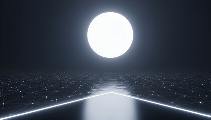 Glowing white orb illuminating a reflective technological grid landscape