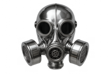Shiny metallic steampunk gas mask providing industrial protection, with respirator filters and eye goggles, on a transparent background