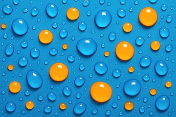 Water Drops and Golden Liquid on Blue Textured Surface