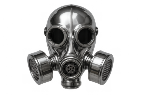 Shiny metallic steampunk gas mask providing industrial protection, with respirator filters and eye goggles, on a transparent background