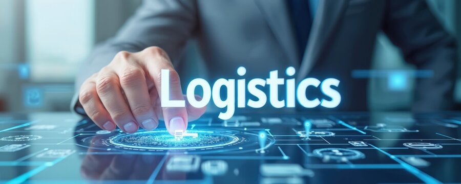 Pro hand interacts with glowing digital interface, featuring word Logistics. Connected nodes, various icons, truck symbol visible. Illustrates smart network for global supply chain, cargo