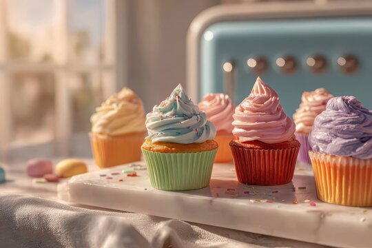 Delightful frosted cupcakes with vibrant sprinkles on a marble board.
