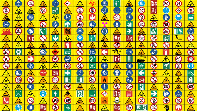 grid with safety signs with attention pictograms to indicate places or situations of danger on yellow background