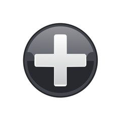 Obraz premium Glossy dark grey circular button with white plus sign symbol for user interface