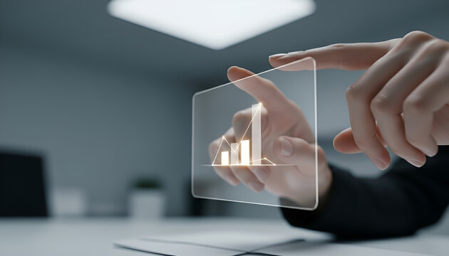 Close up of a hand holding a glowing holographic bar graph for analysis.