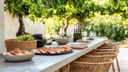 Outdoor Dining Shrimp, Grapes and Wine Under Vineyard Canopy,Al Fresco ,Entertaining