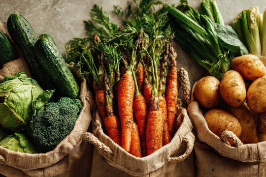 Freshly harvested organic vegetables in rustic burlap bags on a farmhouse table.