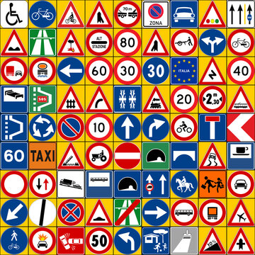 9x9 grid with a total of 81 road signs of various types with the Italian European standard