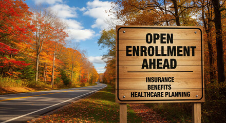 Obraz premium Open Enrollment Ahead Sign Insurance, Benefits, and Healthcare Planning Road Sign with Autumnal Landscape.