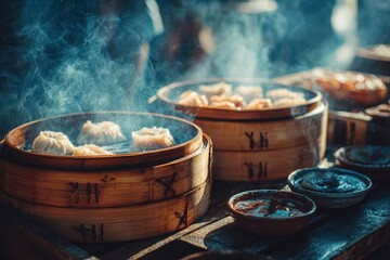 Steaming hot traditional Asian dumplings in bamboo, delicious and fresh.