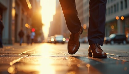 Man in suit walks city street at sunset. Legs in formal shoes stride pavement sidewalk. Pro career, business executive success. Urban commute after work.