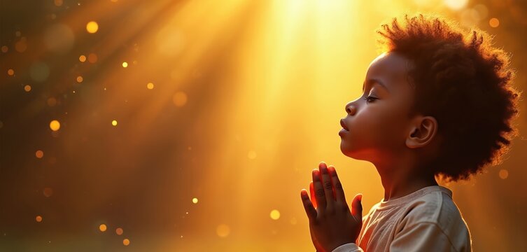 Young african child clasps hands in prayer, bathed in warm ethereal golden light beams. Child looks upwards with eyes closed, head tilted slightly, full of hope and devotion.