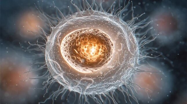 medical visualization of a human egg cell surrounded by the zona pellucida and corona radiata, rendered with soft pastel lighting and shallow depth of field for embryology education.