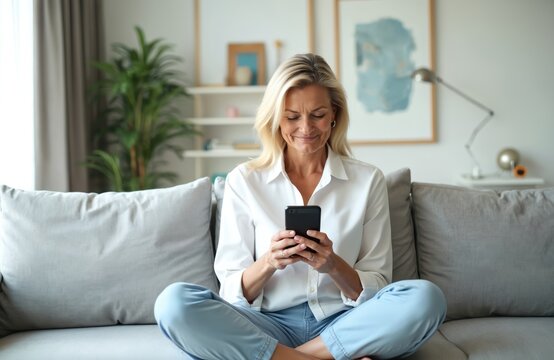 Mature woman sits on sofa using mobile phone. She smiles while looking at device screen. Woman enjoys leisure time at home, browsing web or chatting online.