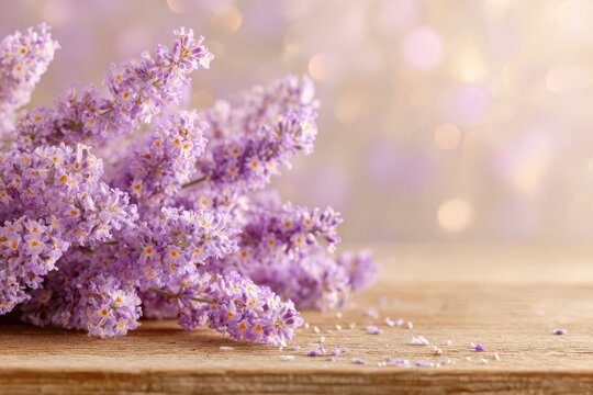 Close-up of beautiful blooming lavender flowers on a wooden table with a soft, out-of-focus background, showcasing the delicate details and soothing colors of nature.