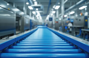 Fototapeta premium Modern blue roller conveyor belt in empty factory. Automatic production line machine equipment for product packaging and shipping. Industrial manufacturing system for goods.