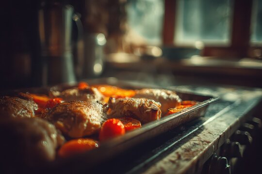 Delicious roasted chicken with tomatoes, served on a baking sheet with a rustic kitchen in the background, showcasing the flavorful meal preparation.