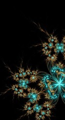 Fototapeta premium Abstract fractal design with turquoise and gold glowing starbursts on a black background