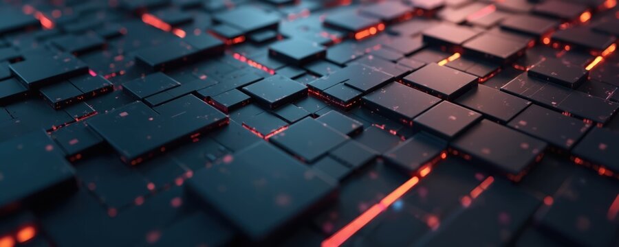 Dark geometric grid with glowing red lines and squares. Futuristic digital pattern abstract background for tech presentations and website design.
