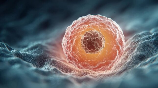 medical visualization of a human egg cell surrounded by the zona pellucida and corona radiata, rendered with soft pastel lighting and shallow depth of field for embryology education.