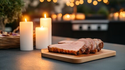 Romantic Dinner Roast Beef Slices, Candles and Bokeh Lights, Food , Meal