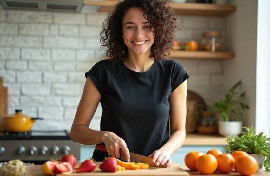 Young woman smiles, slices bell pepper on cutting board. She prepares fresh fruit, healthy morning meal in kitchen. Cooking food is her fun activity. - Powered by Adobe