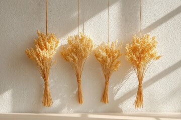 Obraz premium Four dried golden wheat bundles gracefully hanging on a textured wall.