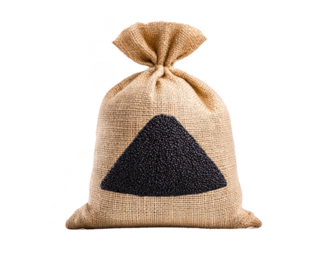 Burlap sack filled with black beans tied at top isolated on transparency background rustic packaging natural material healthy food organic ingredient simple and clean - Powered by Adobe