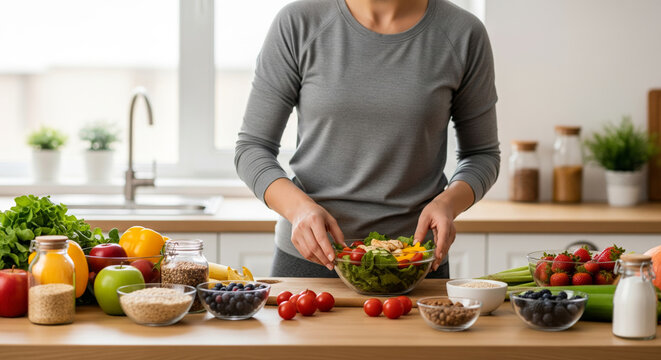 Woman Preparing Healthy Salad in Modern Kitchen with Fresh Fruits and Vegetables for Balanced Diet and Wellness.