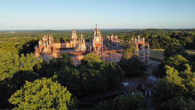 Aerial view of the main building of Royal Holloway University, London, England