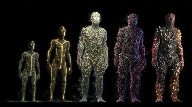 human evolution one million years in the future, showing tall, slender, bioluminescent beings adapted to microgravity, symbolizing long-term adaptation, space evolution, and post-human biology.
