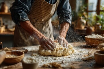 Skilled hands kneading fresh dough, flour scattering, rustic kitchen scene.