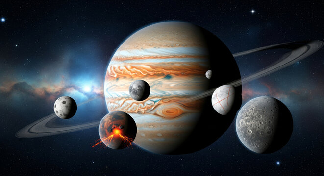 Stunning Digital Illustration Giant Planet Jupiter with Moons, Rings, and Nebulae in Space, Astronomy, and Universe.