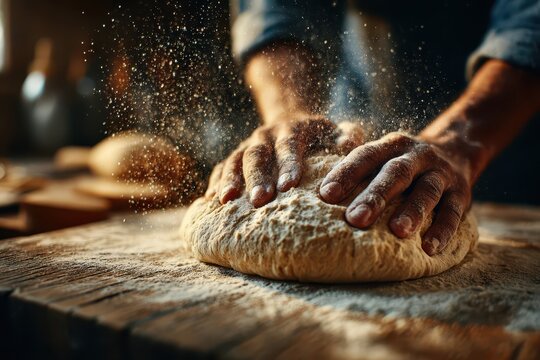 Skilled hands kneading fresh dough, flour dust, creating artisanal bread.