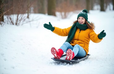 Young woman sledding down snowy hill in winter park. Smiles, laughs, spreads arms, enjoying fun outdoor activity. Girl wears warm yellow jacket, green hat, scarf, red boots. Happy teen joy in snow.