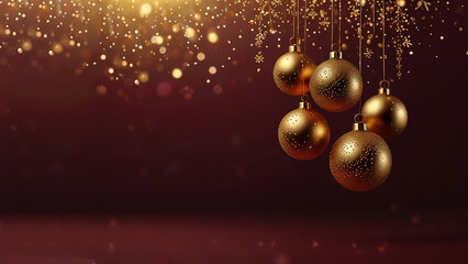 Hanging golden Christmas ornaments with glitter on burgundy background