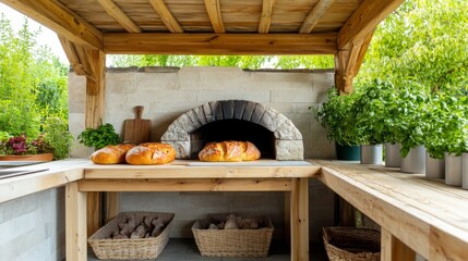Rustic Outdoor Kitchen with Fresh Bread and Pizza Oven, bread, outdoor cooking