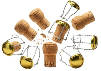 pristine champagne corks, detailed porous texture, gold foil capsules, and wire cages, captured mid-air bursting dynamically against a transparent studio background with sharp shadows. concept for