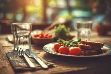 Rustic outdoor dining with fresh tomatoes, bread, and water, bathed in warm sunlight.