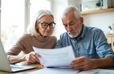 Elderly couple review financial documents at kitchen table. They look worried over bills and budget. Planning for future retirement. Domestic home life scene.