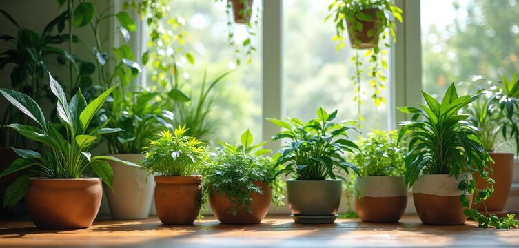 Collection of varied green house plants stands on wooden shelf by sunny window. Potted foliage plants grow, vibrant indoors, creating beautiful natural home garden space. Trailing vines hang from - Powered by Adobe