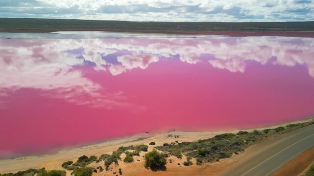 Aerial view of Hutt Lagoon, the stunning pink lake in Port Gregory, Western Australia