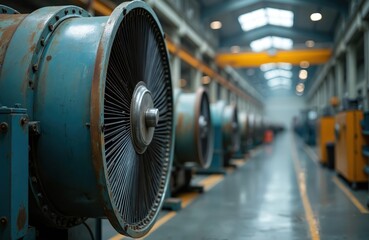Fototapeta premium Large industrial fans line a factory floor. Machines await assembly or repair. Workers ensure production efficiency. Heavy equipment powers manufacturing. This scene shows industrial work.