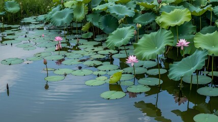 Lotus flowers and lily pads floating on the surface of the water