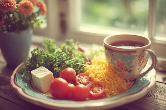 Delicious breakfast plate with tomatoes, cheese, salad and tea near the window providing a refreshing start to the day with natural light and floral decoration.