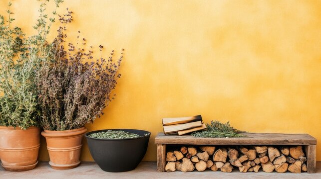 Rustic Still Life Potted Herbs, Firewood and Yellow Wall, Farmhouse , Cottagecore