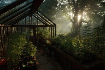 Fototapeta premium Lush greenhouse filled with plants, bathed in soft sunlight streaming through trees, creating a warm and inviting indoor garden scene with a touch of mystery.