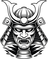 Samurai mask illustration, Japanese warrior design, traditional armor art, fierce warrior face, bushido spirit, tattoo vector, cultural heritage artwork